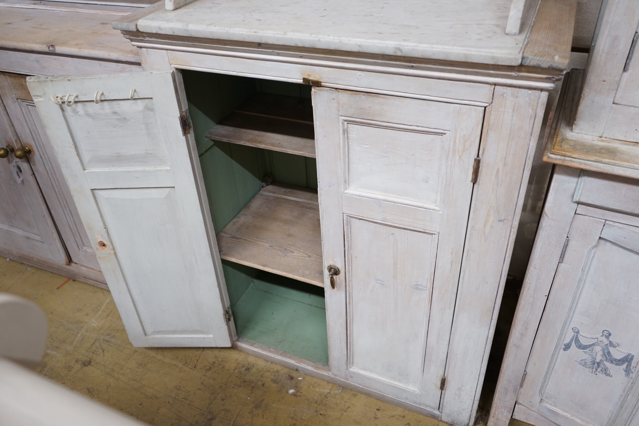 A Victorian painted pine marble top two door kitchen cabinet, width 89cm, depth 50cm, height 107cm